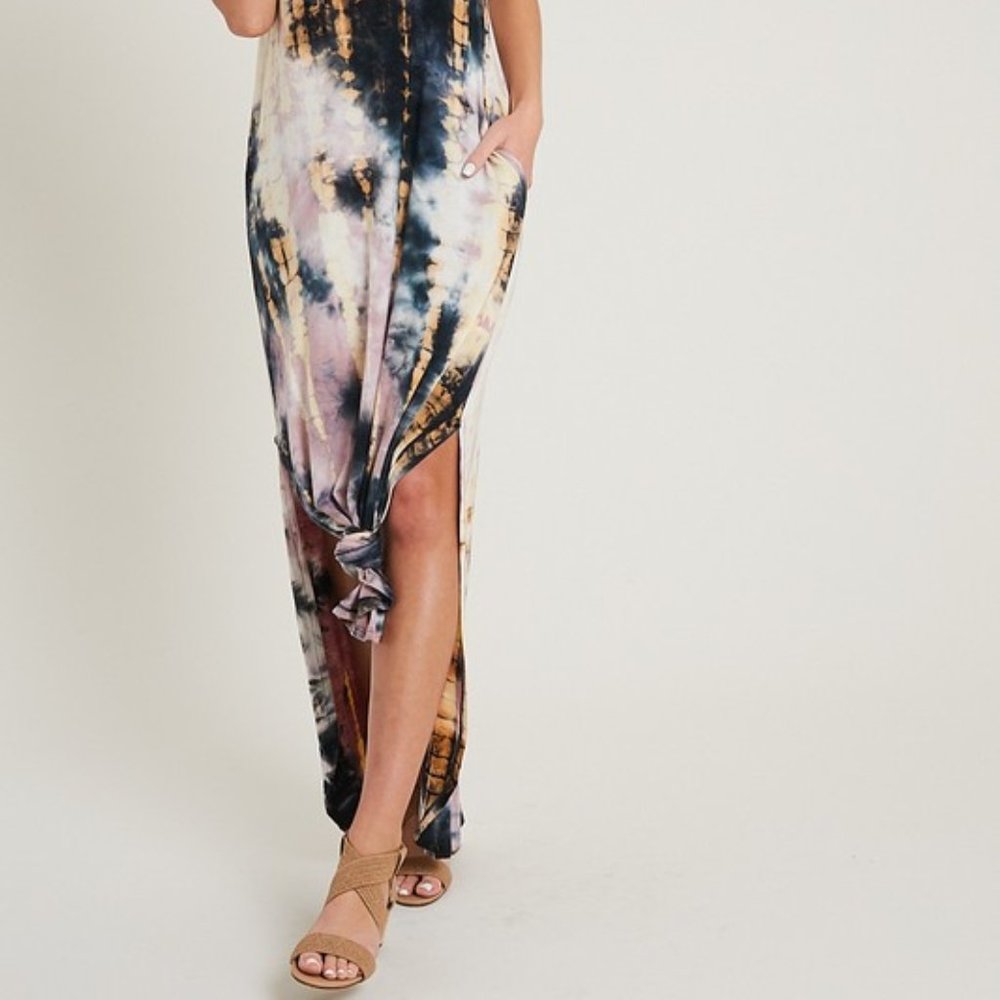 INDIE Black, Mauve & Cream Tie Dye Maxi Dress w/ Pockets - Picture 4 of 8